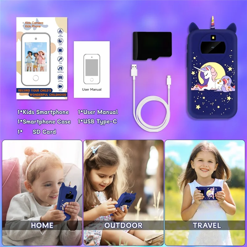 X11 Telefone de brinquedo para crianças com tela de toque de 2,8 polegadas, câmera, gravador de vídeo de duas lentes e cartão de memória de 32 GB - Cavalo