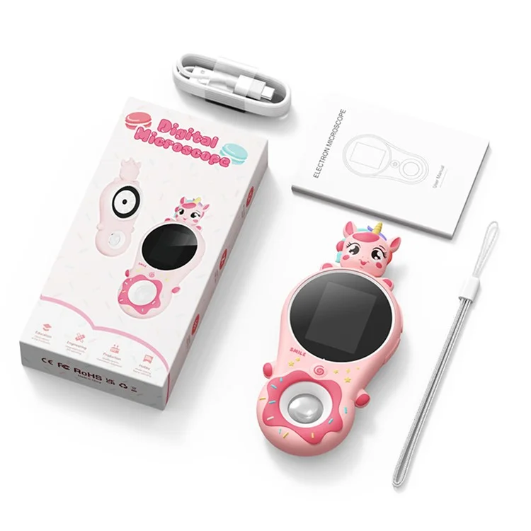 370 2.0-inch IPS Screen Cartoon Animal Kids Handheld Microscope 500x Magnifying Glass with 2MP Lens - Pink