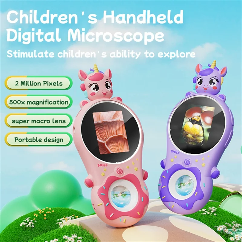 370 2.0-inch IPS Screen Cartoon Animal Kids Handheld Microscope 500x Magnifying Glass with 2MP Lens - Pink