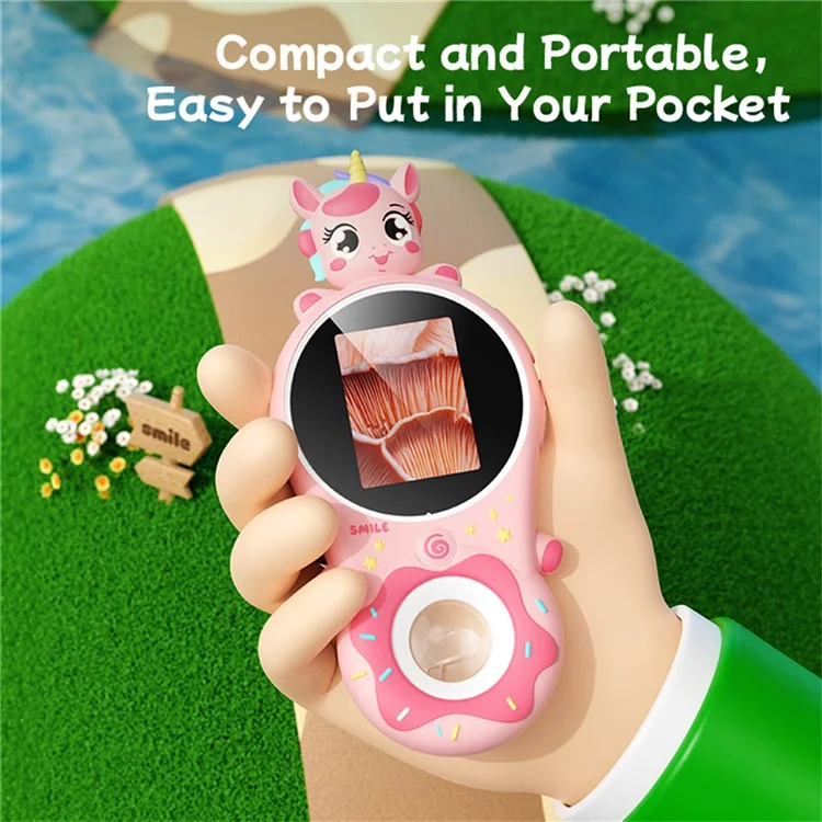 370 2.0-inch IPS Screen Cartoon Animal Kids Handheld Microscope 500x Magnifying Glass with 2MP Lens - Pink
