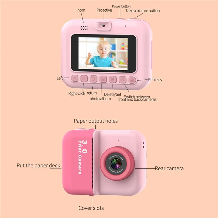 D3 Kids Instant Print Camera 3.0 Inch Screen 1080P Video Photo Digital Camera Birthday Gift - Pink