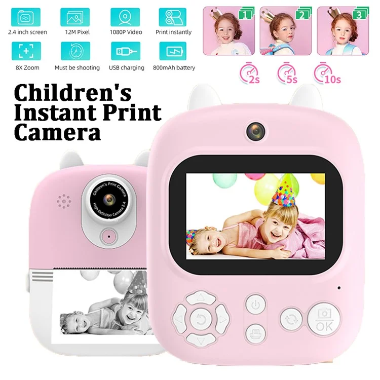 P2 2.4-inch IPS Screen Children Camera Thermal Printer Camera WiFi Printing Camera Support TF Card Storage - Pink