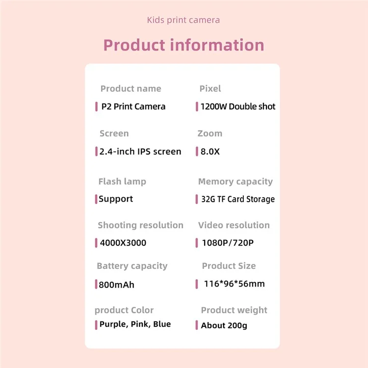 P2 2.4-inch IPS Screen Children Camera Thermal Printer Camera WiFi Printing Camera Support TF Card Storage - Purple