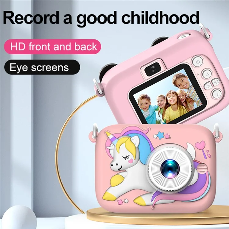 D12 Kinder 2,0 Zoll HD Dual-Linsen Cartoon-Design Kinderdigitalkamera mit 32G TF-Karte + Kartenleser - Pink