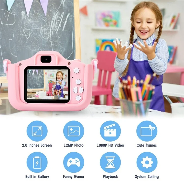 M8 2.0 Inch HD Dual Camera with 32GB Card / Card Reader Digital Camera Cartoon Design - Pink