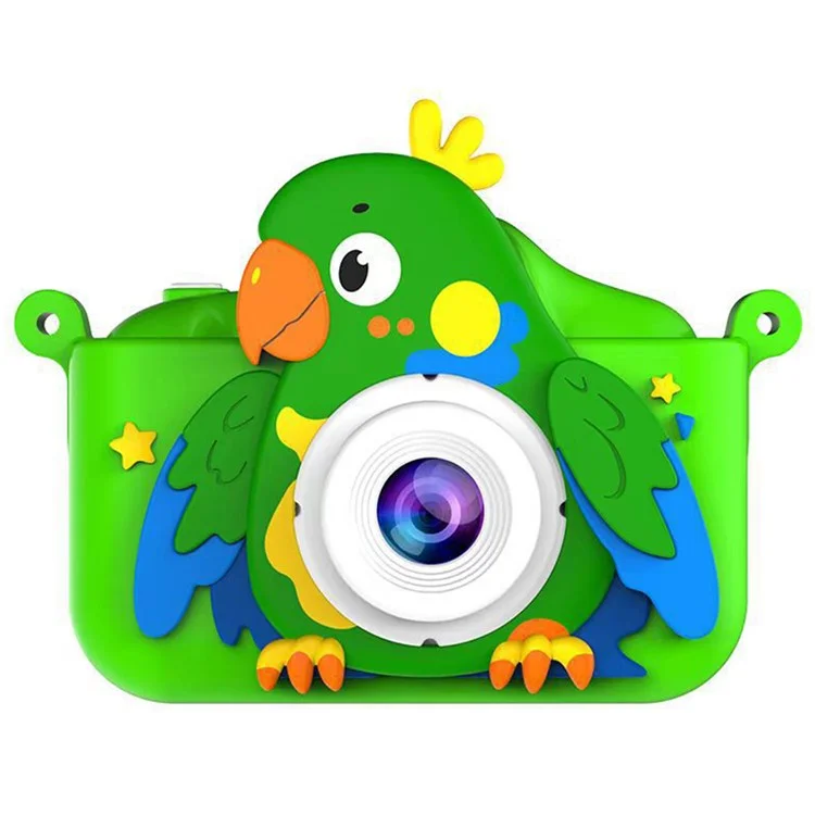 Câmera digital infantil de lente dupla de 2,0 polegadas com design de papagaio de desenho animado, gravador de vídeo com cartão TF de 32 GB + leitor de cartão - Verde