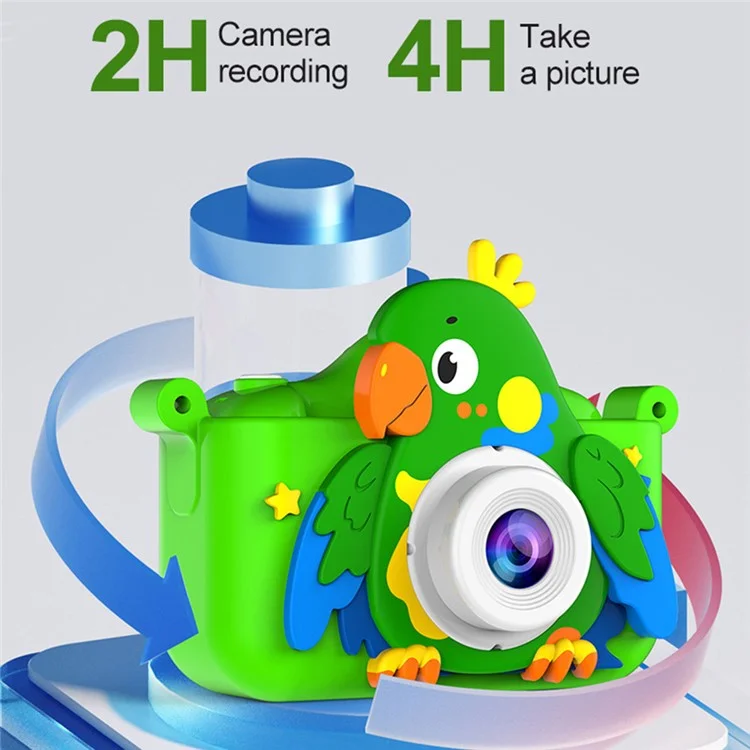 Câmera digital infantil de lente dupla de 2,0 polegadas com design de papagaio de desenho animado, gravador de vídeo com cartão TF de 32 GB + leitor de cartão - Verde