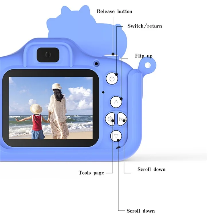 2.0 Inch Dual Lens Kids Digital Camera Cartoon Dinosaur Design 1080P HD Video Recorder without TF Card - Blue