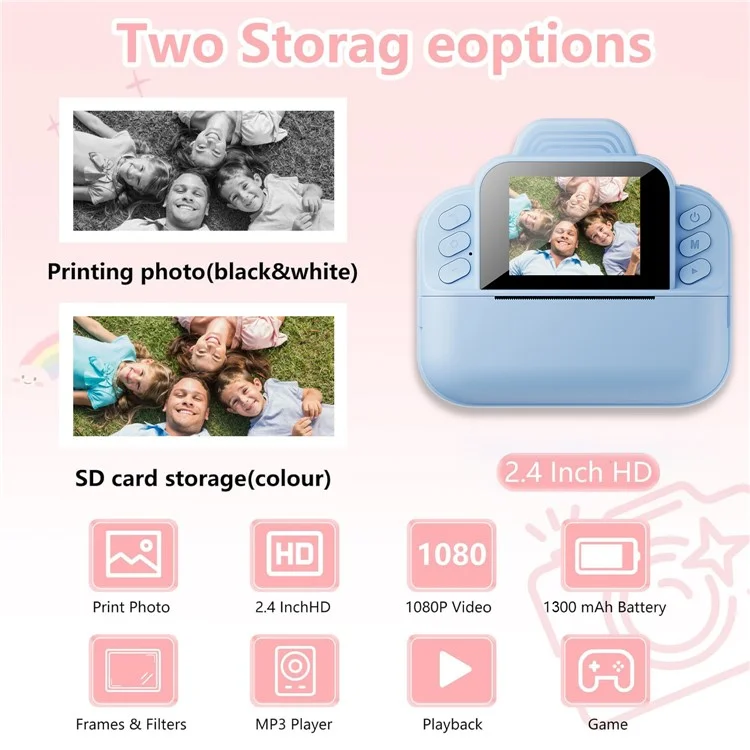 S9 2.4 Inch Kids Instant Print Camera Thermal Printer HD Video Recorder with 32G TF Card + Card Reader - Blue
