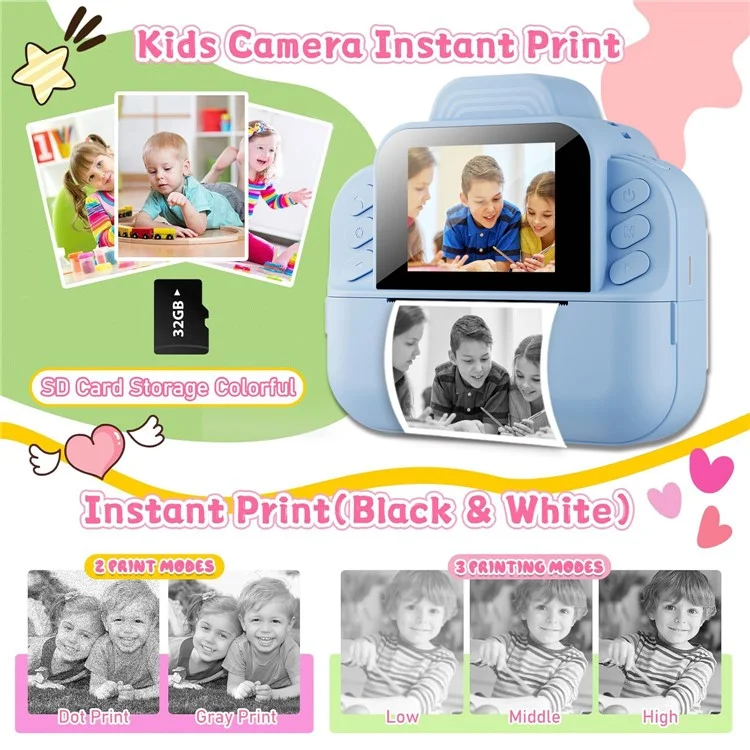 S9 2.4 Inch Kids Instant Print Camera Thermal Printer HD Video Recorder with 32G TF Card + Card Reader - Blue