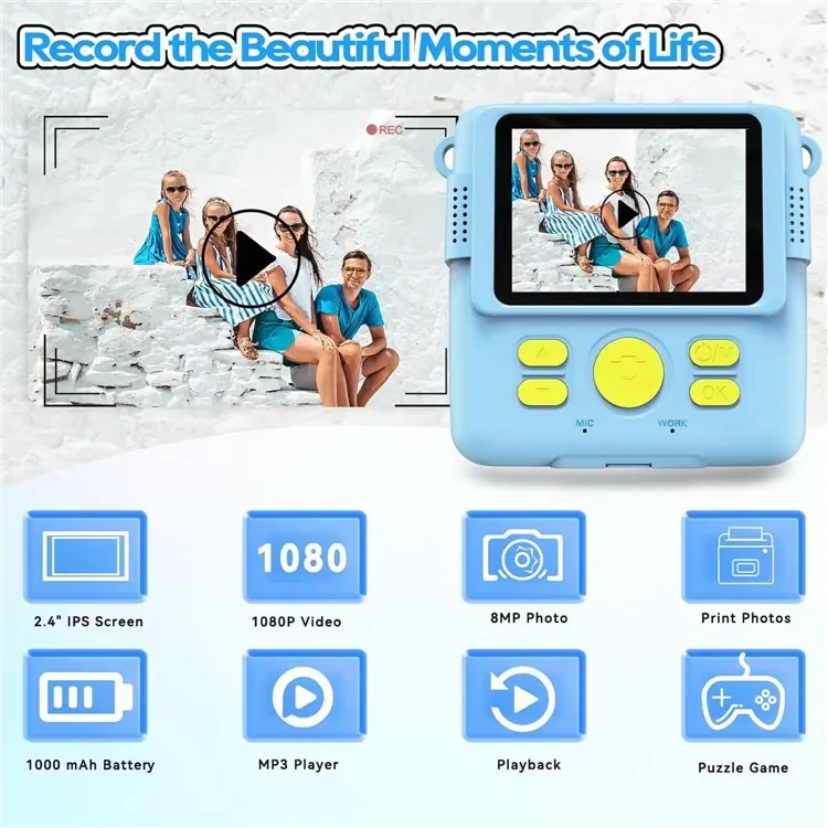 ABS-681 2,4-Zoll-IPS-Bildschirm Mini-Kinderkamera mit Sofortbildfunktion, digitale HD-1080P-Videoaufnahme - Blau