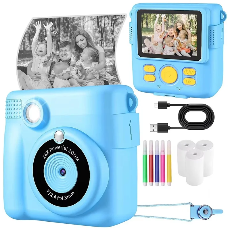 ABS-681 2.4 Inch IPS Screen Instant Print Mini Kids Camera HD 1080P Video Recorder with 32G Memory Card + Color Pens - Blue