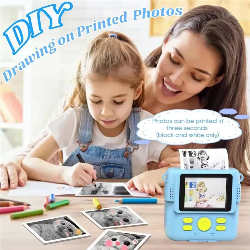 ABS-681 2.4 Inch IPS Screen Instant Print Mini Kids Camera HD 1080P Video Recorder with 32G Memory Card + Color Pens - Blue