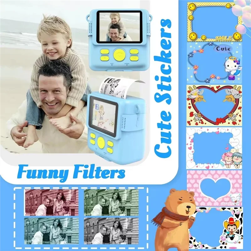 ABS-681 2.4 Inch IPS Screen Instant Print Mini Kids Camera HD 1080P Video Recorder with 32G Memory Card + Color Pens - Blue