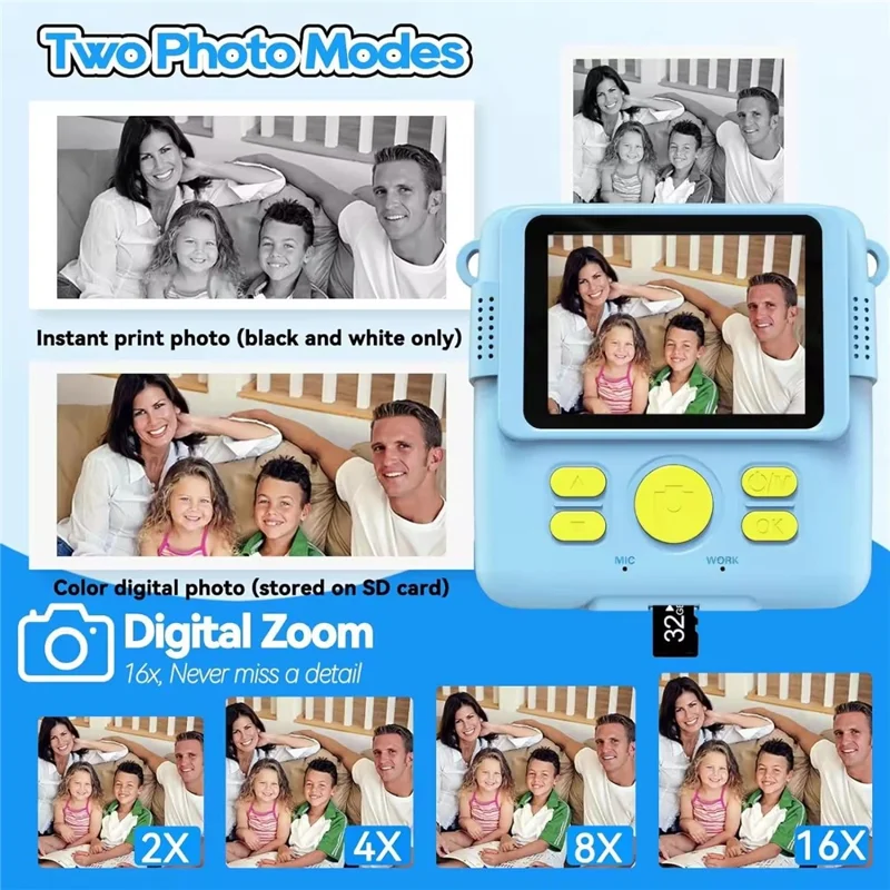 ABS-681 2.4 Inch IPS Screen Instant Print Mini Kids Camera HD 1080P Video Recorder with 32G Memory Card + Color Pens - Blue