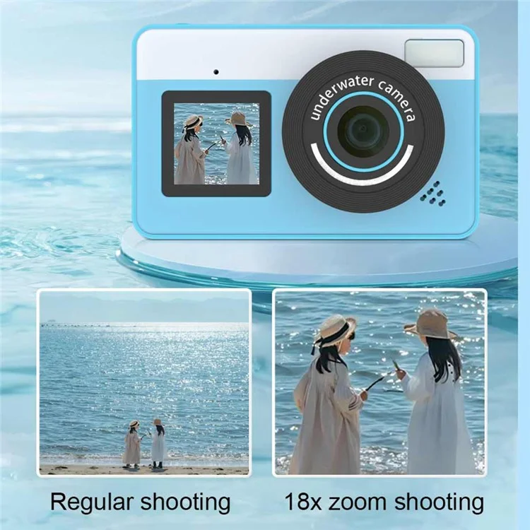 Cámara Digital D70 con Doble Pantalla Impermeable, Foto/Vídeo HD, Zoom Digital 18X - Azul