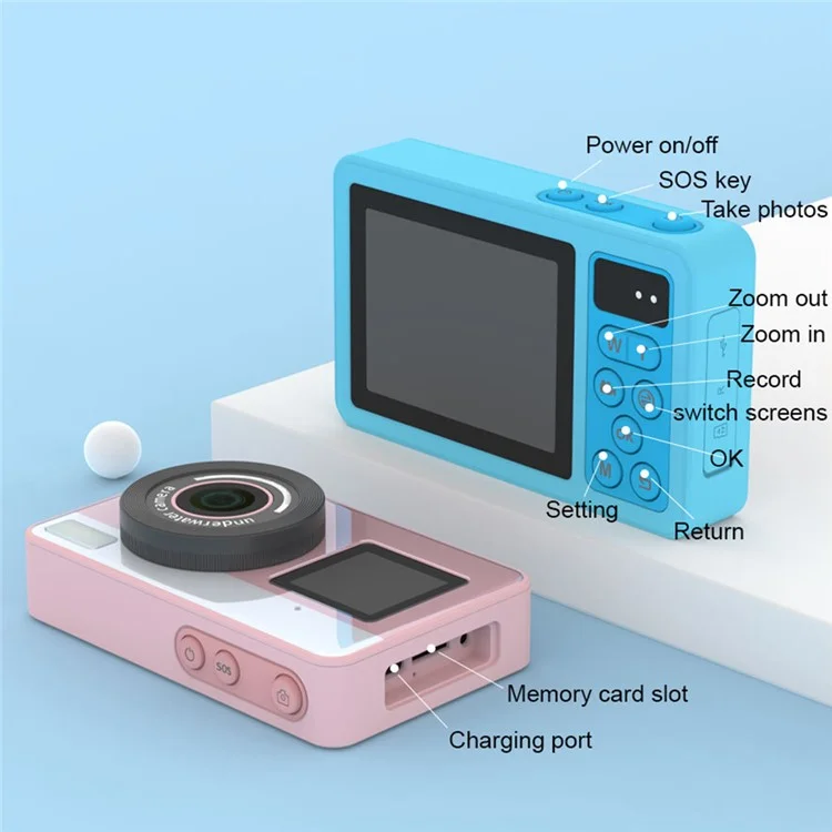 Cámara Digital D70 con Doble Pantalla Impermeable, Foto/Vídeo HD, Zoom Digital 18X - Azul