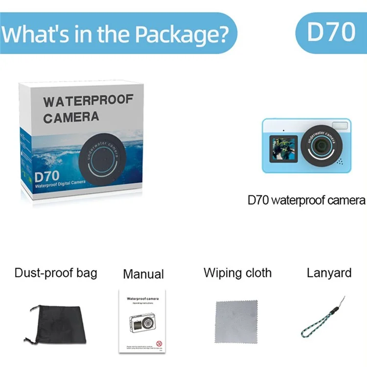 Cámara Digital D70 con Doble Pantalla Impermeable, Foto/Vídeo HD, Zoom Digital 18X - Azul