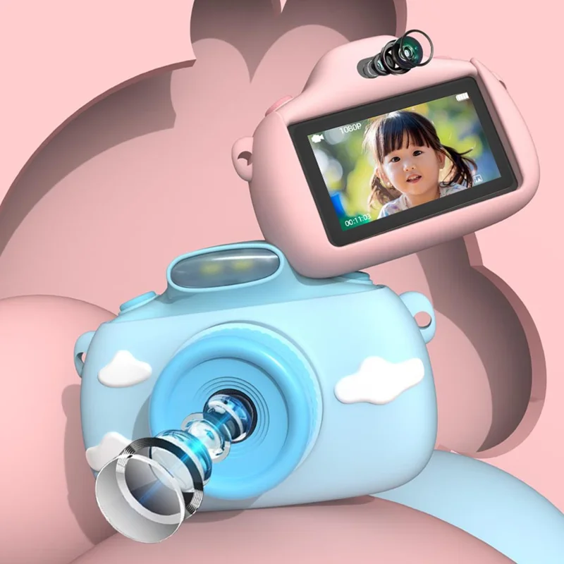 D18 3 Inch HD Display Dual Camera Kids Digital Camera Touch Screen Selfie Video Recorder - Pink