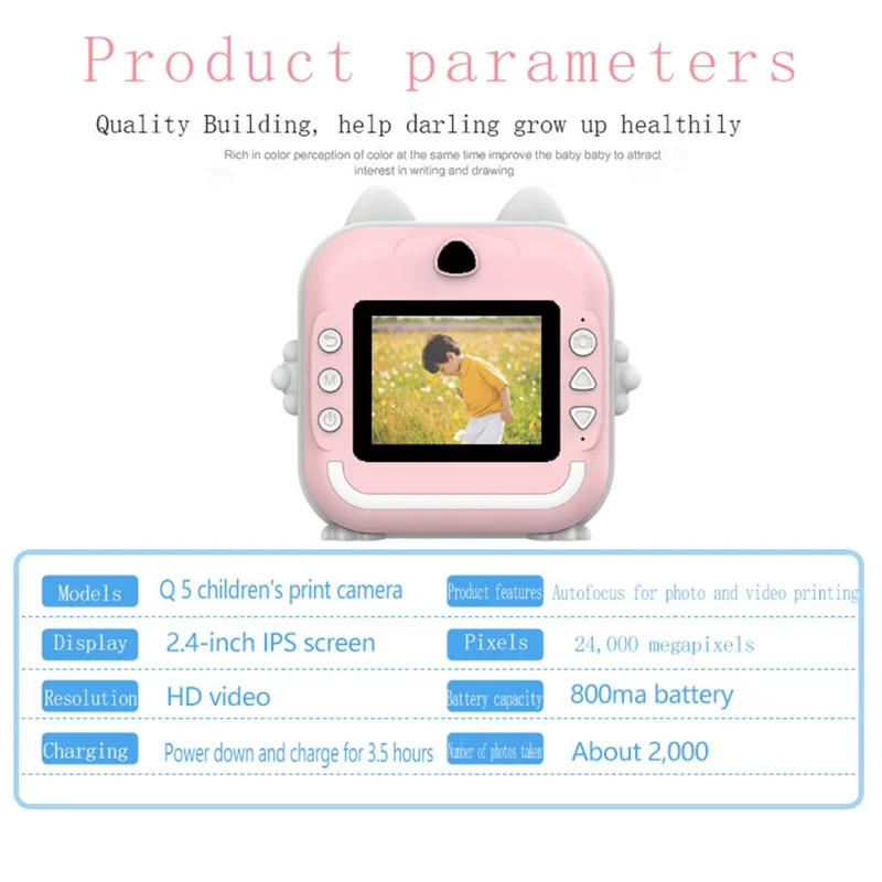 Q5 Portable HD Instant Photo Printer Camera 2.4 Inch IPS Screen 1080P Video Kids Camera - Pink