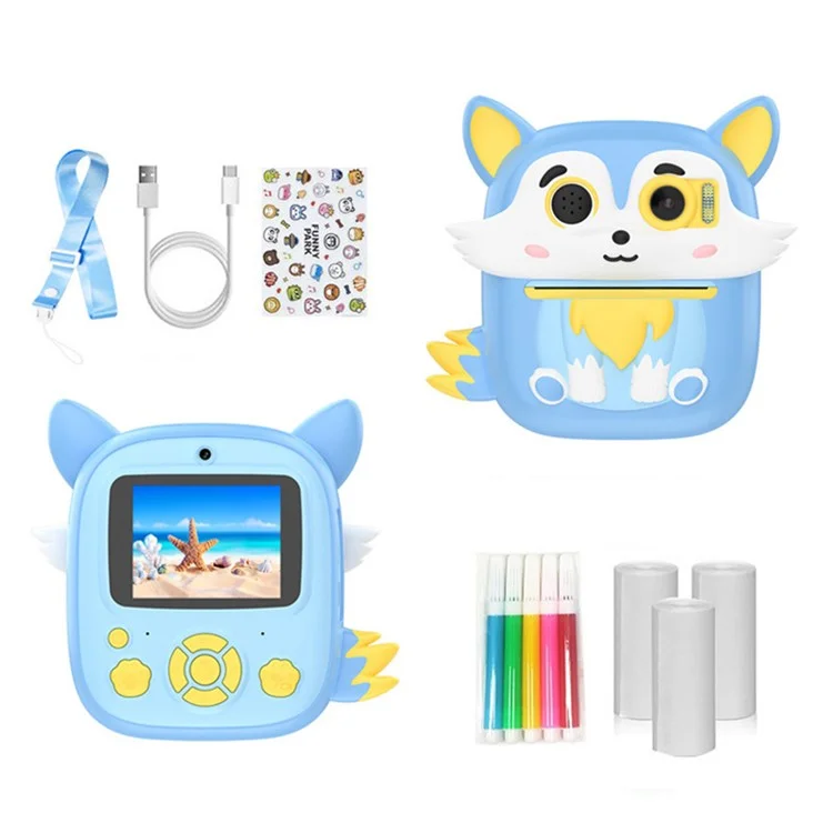 P7 2.4 Inch IPS Screen Cartoon Fox Kids Camera Instant Print Dual Lens HD Video Recorder for Children - Blue