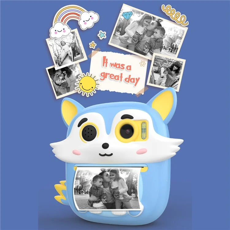 P7 2.4 Inch IPS Screen Cartoon Fox Kids Camera Instant Print Dual Lens HD Video Recorder for Children - Blue