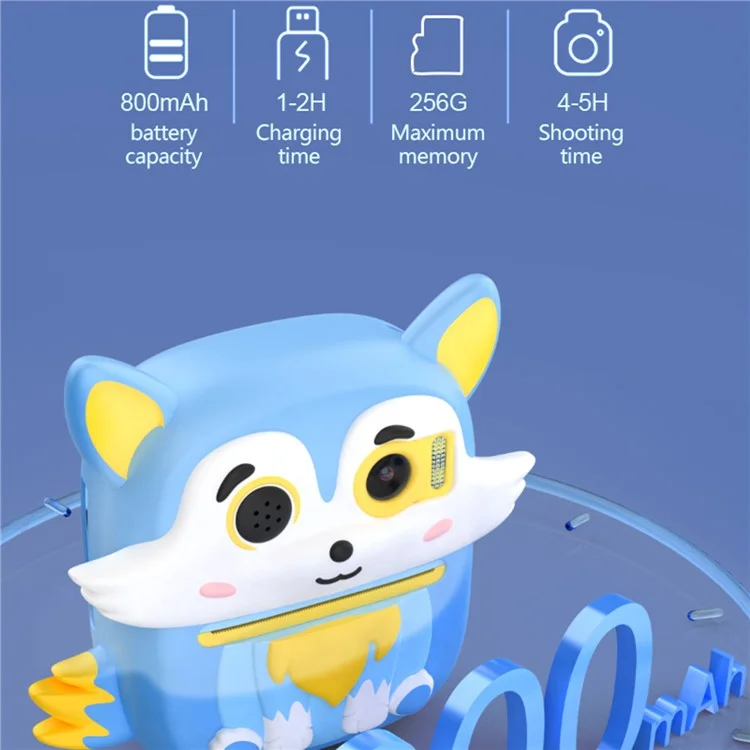 P7 2.4 Inch IPS Screen Cartoon Fox Kids Camera Instant Print Dual Lens HD Video Recorder for Children - Blue