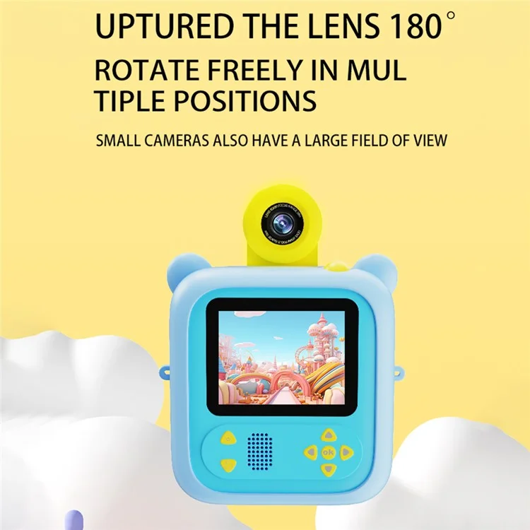 Appareil photo instantané D2 2,4 pouces pour enfants avec objectif pivotant HD, impression photo en couleur et enregistreur vidéo - Bleu