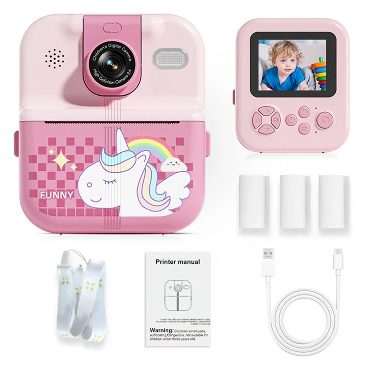 P02 2.4 Inch Instant Print Camera Cartoon Animal Pattern Flip Lens HD Camera for Kids with 32GB Card + Card Reader - Pink