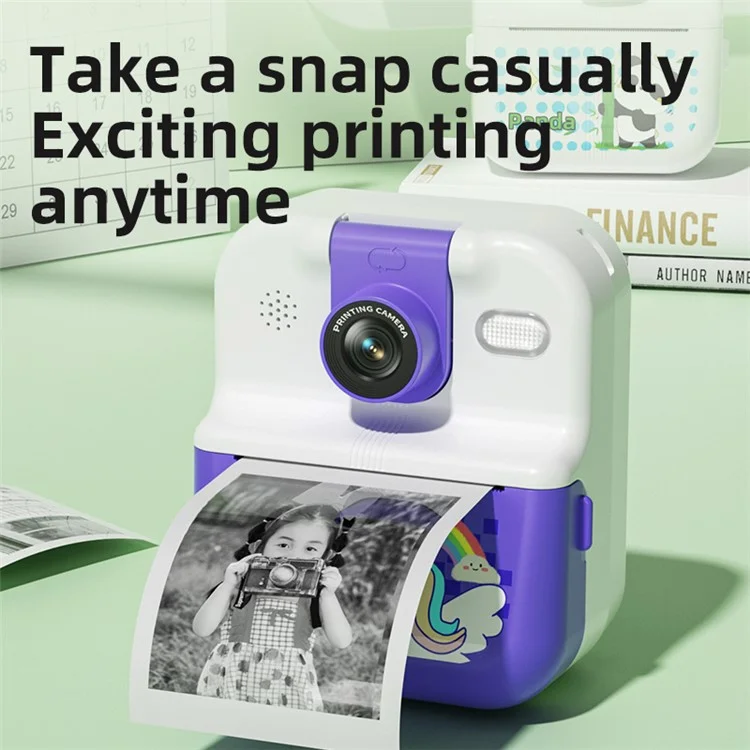 P02 2.4 Inch Instant Print Camera Cartoon Animal Pattern Flip Lens HD Camera for Kids with 32GB Card + Card Reader - Pink