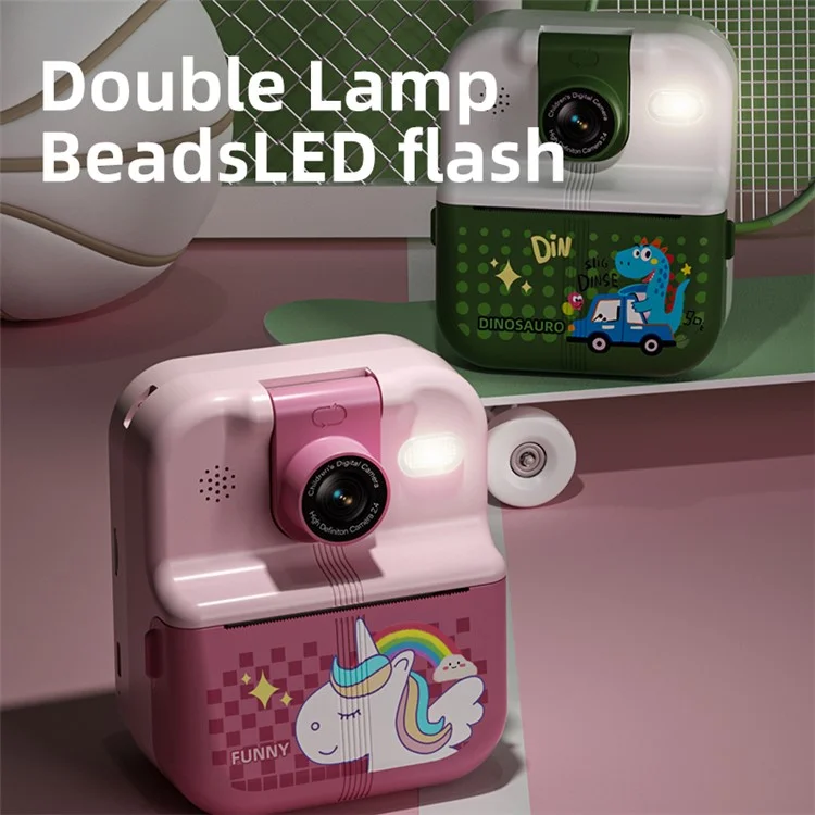 P02 2.4 Inch Instant Print Camera Cartoon Animal Pattern Flip Lens HD Camera for Kids with 32GB Card + Card Reader - Pink
