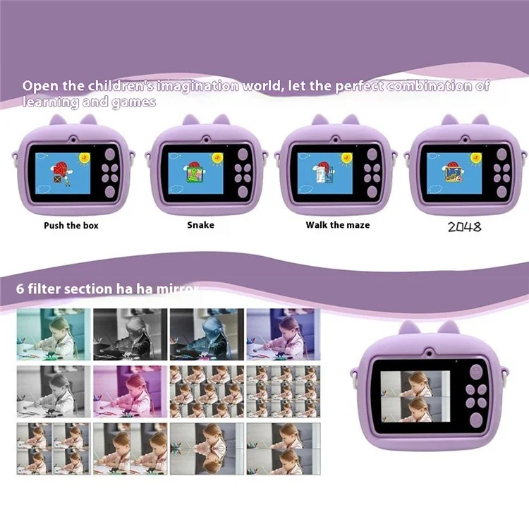 Câmera Instantânea Z13 de 2,4 Polegadas para Crianças com Lente Dupla HD, Gravador de Vídeo, Cartão TF de 32G + Leitor de Cartão - Roxo
