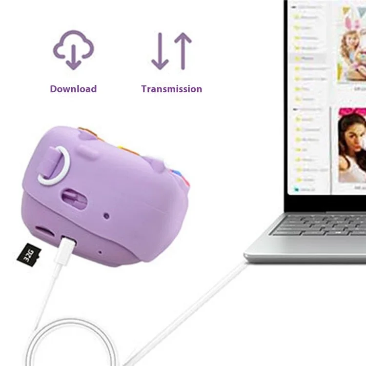 Câmera Instantânea Z13 de 2,4 Polegadas para Crianças com Lente Dupla HD, Gravador de Vídeo, Cartão TF de 32G + Leitor de Cartão - Roxo