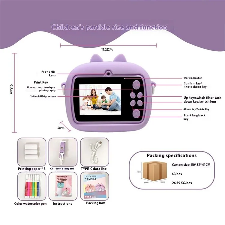Câmera Instantânea Z13 de 2,4 Polegadas para Crianças com Lente Dupla HD, Gravador de Vídeo, Cartão TF de 32G + Leitor de Cartão - Roxo