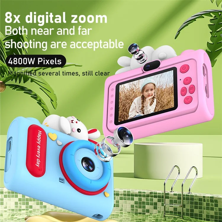 H05 Cartoon Animal Design 2.0 Inch HD Dual Lens 8X Zoom Digital Camera for Kids Video Recorder - Pink Rabbit