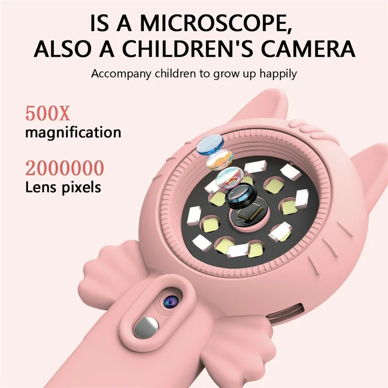 Z800 2.0 Inch Children Digital Microscope Camera 500x Handheld Magnifying Glass with 32GB Memory Card - Pink