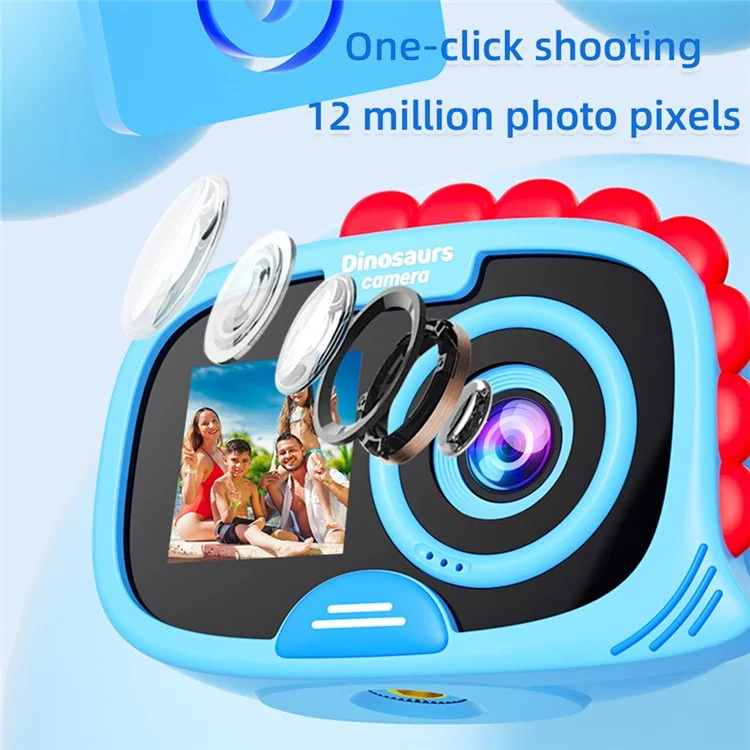 FAD Fotocamera Digitale a Doppio Schermo Design Dinosauro Display HD da 2,0 Pollici Videoregistratore Impermeabile per Bambini - Blu