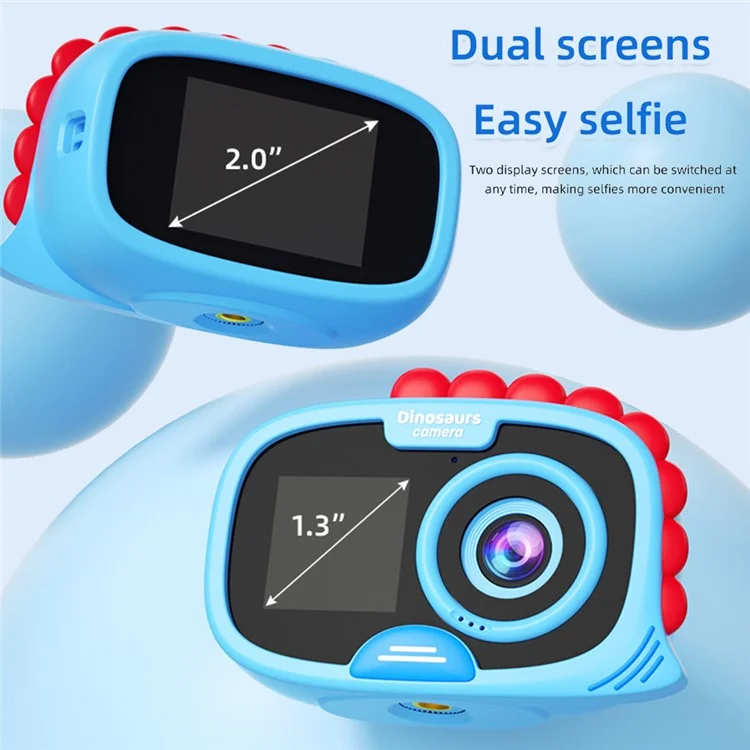 FAD Fotocamera Digitale a Doppio Schermo Design Dinosauro Display HD da 2,0 Pollici Videoregistratore Impermeabile per Bambini - Blu