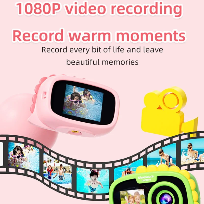 FAD Dual Screen Digital Camera Dinosaur Design 2.0 Inch HD Display Waterproof Video Recorder for Kids - Pink