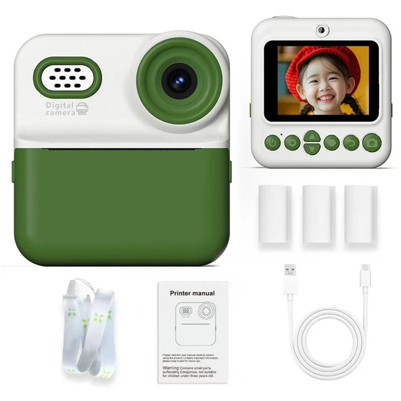 P03 Instant Print Camera for Kids 1080P Digital Video Camcorder Dual Cameras with 3 Rolls Print Paper - Green