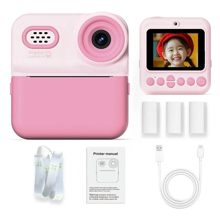 Appareil photo instantané P03 pour enfants - Caméscope numérique 1080P avec carte mémoire 32 Go et lecteur de carte - Rose