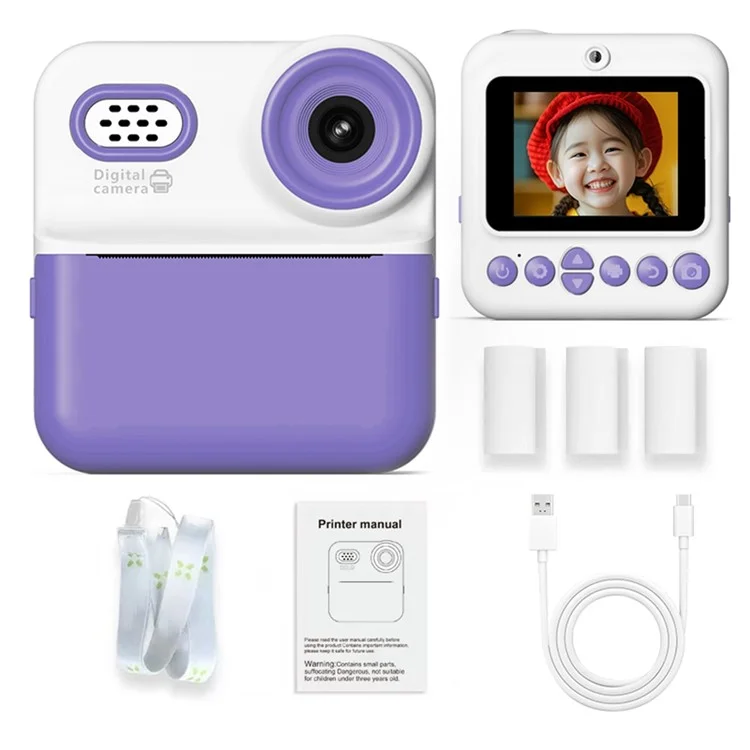Appareil photo instantané P03 pour enfants - Caméscope numérique 1080P avec carte mémoire 32 Go et lecteur de carte - Violet