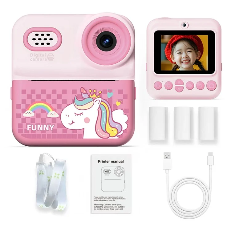 Appareil photo instantané P03 pour enfants avec impression de motifs, écran HD 1080P de 2,4 pouces, double appareil photo avec carte mémoire 32 Go + lecteur de carte - Rose