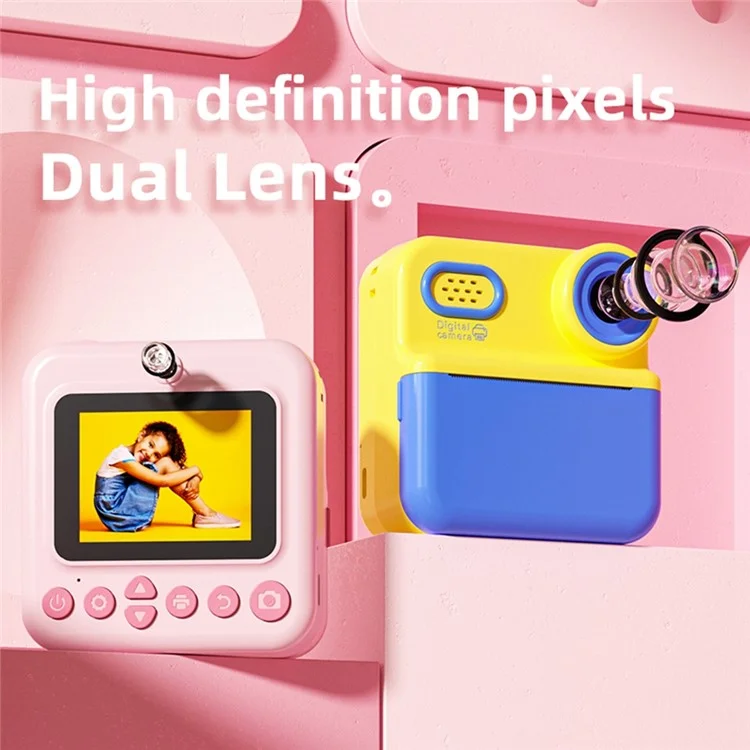 Appareil photo instantané P03 pour enfants avec impression de motifs, écran HD 1080P de 2,4 pouces, double appareil photo avec carte mémoire 32 Go + lecteur de carte - Rose