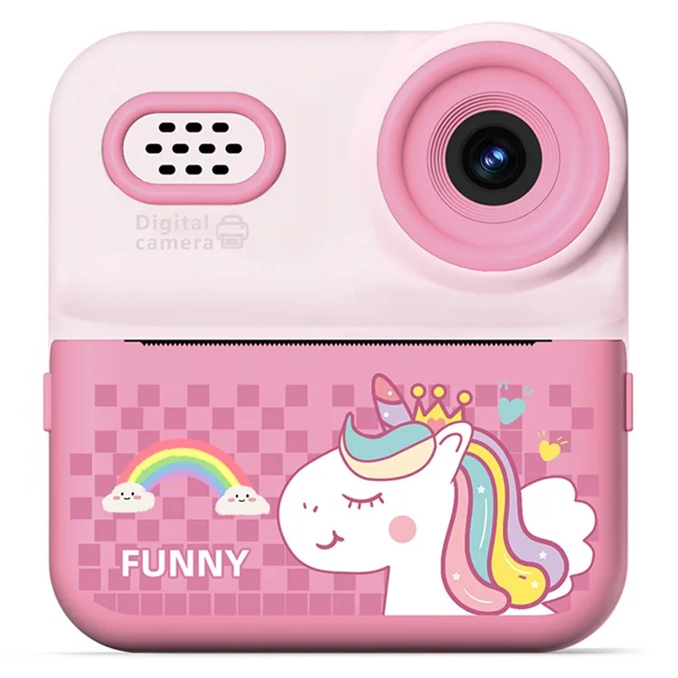 Appareil photo instantané P03 pour enfants avec impression de motifs, écran HD 1080P de 2,4 pouces, double appareil photo avec carte mémoire 32 Go + lecteur de carte - Rose