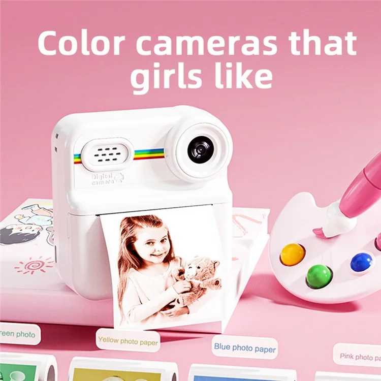 Appareil photo instantané P03 pour enfants avec impression de motifs, écran HD 1080P de 2,4 pouces, double appareil photo avec carte mémoire 32 Go + lecteur de carte - Rose