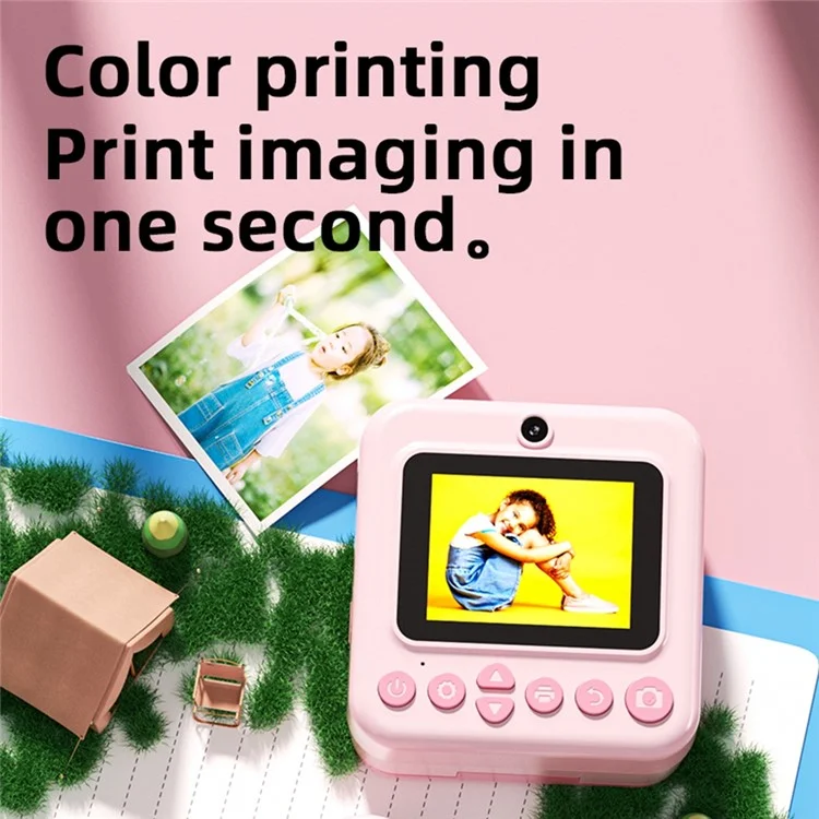 Appareil photo instantané P03 pour enfants avec impression de motifs, écran HD 1080P de 2,4 pouces, double appareil photo avec carte mémoire 32 Go + lecteur de carte - Rose