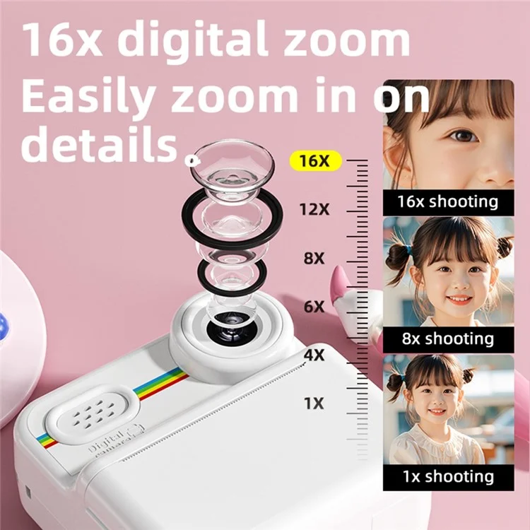 Appareil photo instantané P03 pour enfants avec impression de motifs, écran HD 1080P de 2,4 pouces, double appareil photo avec carte mémoire 32 Go + lecteur de carte - Rose