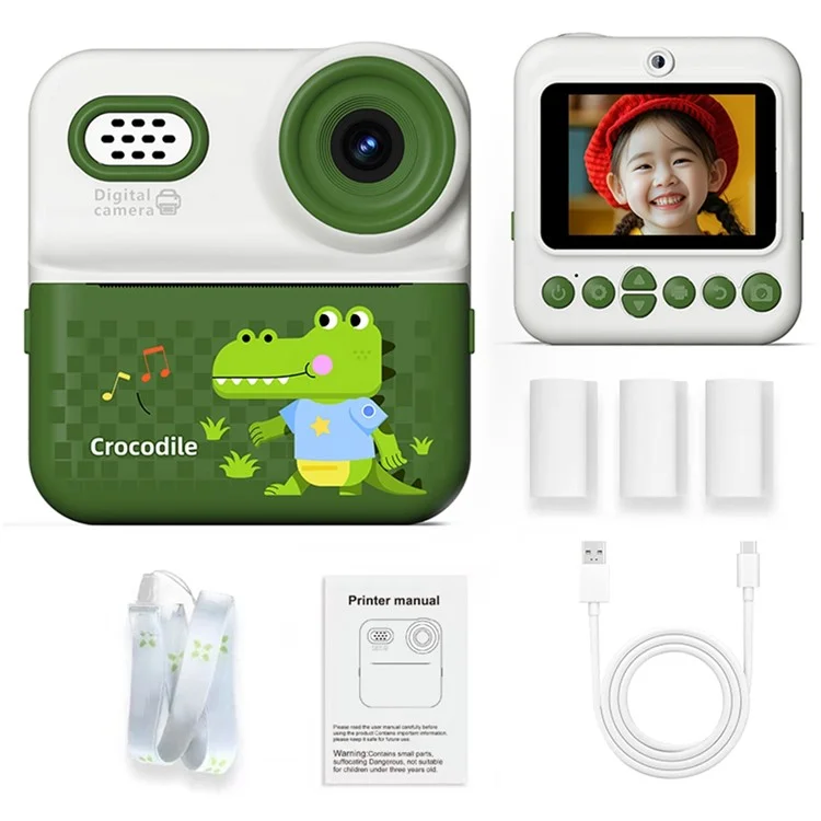 Fotocamera istantanea P03 per bambini con stampa di pattern, schermo HD da 2,4 pollici, doppia fotocamera con scheda di memoria da 32G + lettore di schede - Verde