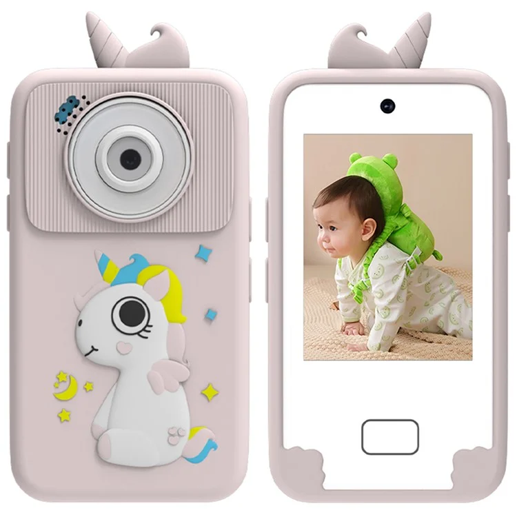 D16 2,8 Zoll HD-Bildschirm Dual-Objektiv Kinderkamera mit Touchscreen Lernspielzeug Telefon mit Silikon-Hülle - Rosa / Einhorn